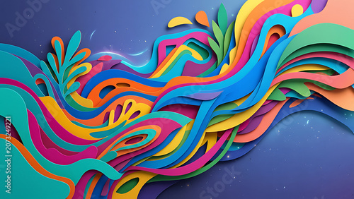Abstract 3D paper cut layers with vibrant colors and depth effect, modern creative background, advertising banner design, clean composition, high detail.