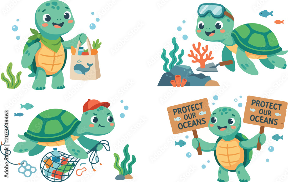 Fototapeta premium Cute sea turtle mascot bundle featuring a kawaii turtle character, a baby turtle sticker, and a cartoon turtle