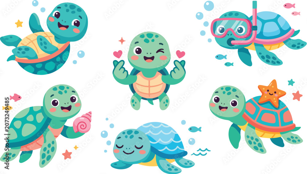 Fototapeta premium Adorable cute sea turtle mascot bundle featuring a kawaii turtle character, baby turtle, and cartoon turtle sticker