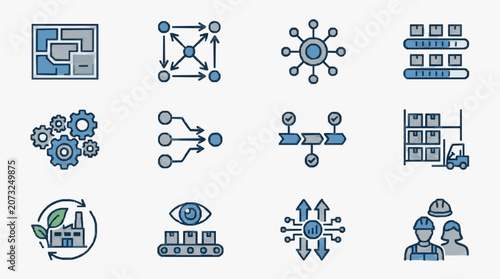Elegant Collection of Minimalist Icons Depicting Industrial Logistics Automation and Smart Systems in Blue Gray Tones