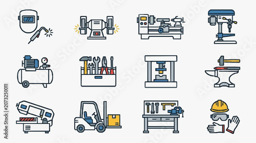 Elegant Minimalist Line Drawing Collection of Twelve Essential Workshop Tools and Safety Gear in Monochrome