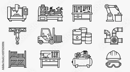 Elegant Black and White Line Icons Set of Industrial Manufacturing and Warehouse Equipment with high quality professional line art symbols for modern creative design and digital branding projects