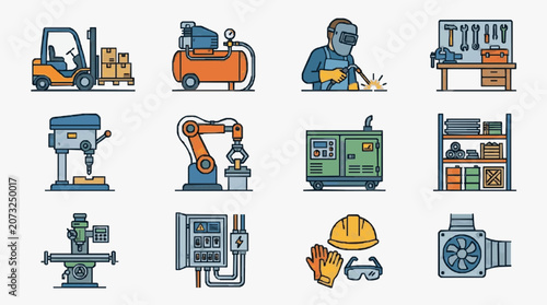 Professional Illustrated Collection of Industrial Tools Machinery and Safety Gear in Vibrant Colors
