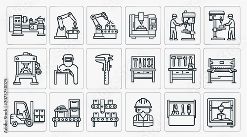 Clean Black and White Line Icons Set of Various Industrial Manufacturing and Workshop Tools with high quality professional line art symbols for modern creative design and digital branding projects