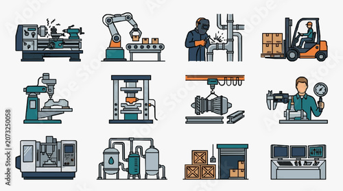 Corporate Manufacturing and Industrial Process Icons Showcasing Modern Factory Equipment and Workflows