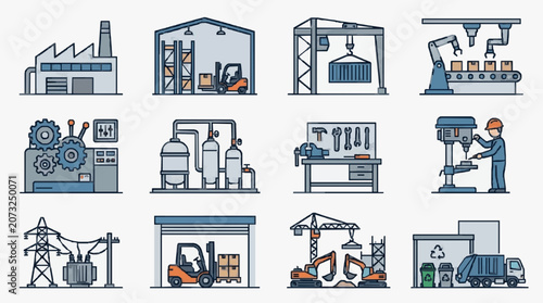 Elegant Illustrated Collection of Industrial Machinery and Factory Operations in Minimalist Blue Gray Tones