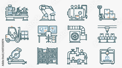 Elegant Monochromatic Line Illustrated Icons of Modern Industrial and Manufacturing Equipment and Processes