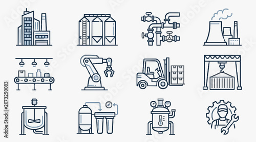 Professional Line Art Illustrations of Industrial Machinery Factory Equipment and Manufacturing Processes in Monochrome