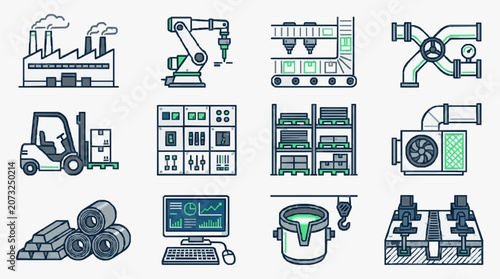 Modern Industrial Automation and Manufacturing Equipment with Green Highlighted Components with high quality professional line art symbols for modern creative design and digital branding projects