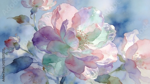 Soft watercolor painting of large beautiful rose flower with dreamy light blue and purple hues.