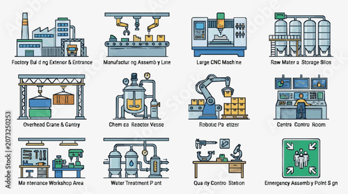 Sleek Illustrated Guide to Modern Industrial Factory Components and Safety Features in Vibrant Colors