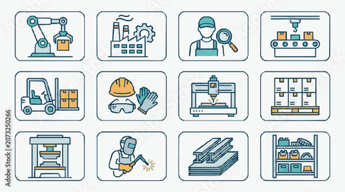 Dynamic Illustrated Icons of Industrial Manufacturing and Factory Operations with Colorful Equipment and Safety Gear