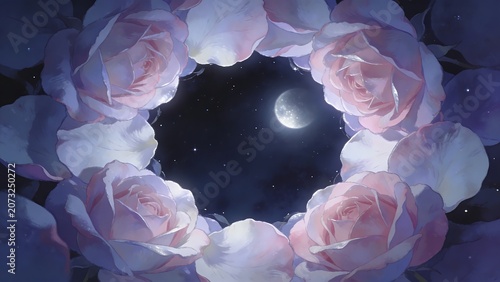 Beautiful pink roses framing moonlit night sky filled with stars and glowing ethereal light.