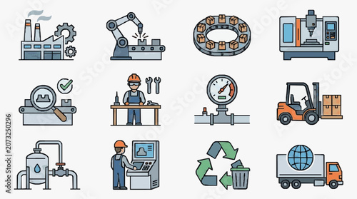 Modern Industrial Process and Manufacturing Equipment with Workers and Recycling Symbols with high quality professional line art symbols for modern creative design and digital branding projects