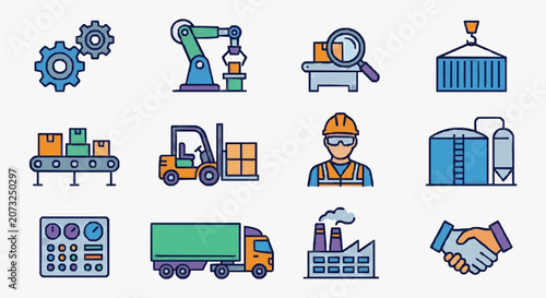 Clean Colorful Illustrated Icons of Industrial Automation Manufacturing Logistics and Business Collaboration