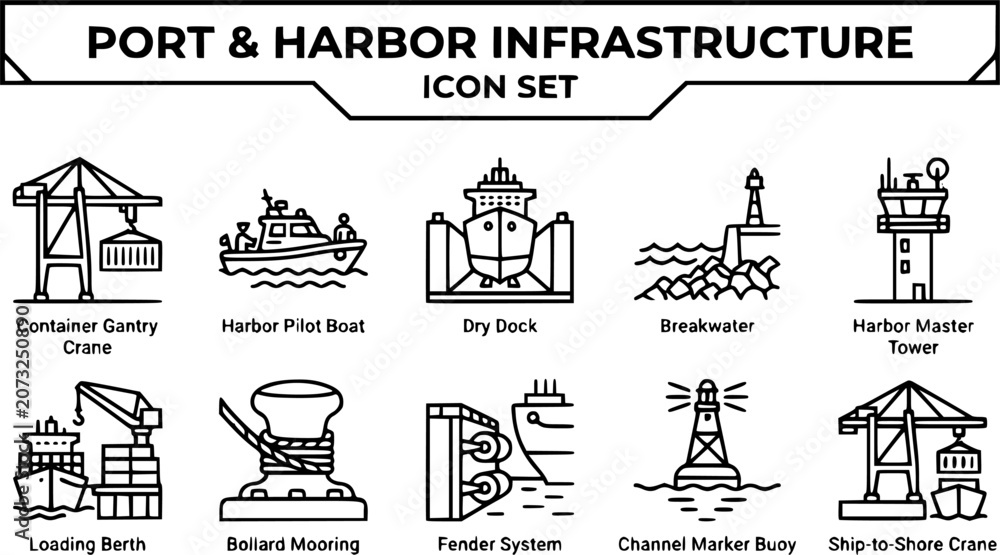 Fototapeta premium Port and Harbor Infrastructure Outline Icon Set with Container Crane, Dry Dock and Ship-to-Shore Crane, 10 Icons for Maritime Logistics, Editable Strokes