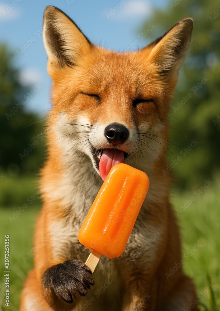 Obraz premium Fox enjoying orange popsicle delight.