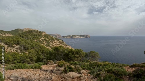 Static Wide Shot of Sa Dragonera Island Viewed from the Mallorca Coastline, Spain