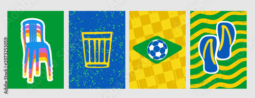 Four vertical cards displaying brazilian icons and bright neon colors