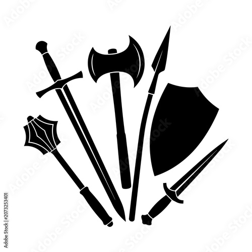 Bild auf Leinwand Collection of medieval combat weapons including sword axe spear shield and mace