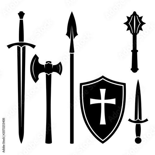 Historical medieval armory set with sword battle axe spear shield and mace