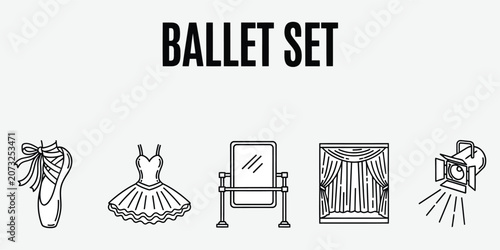 Ballet set with pointe shoe tutu mirror curtains and spotlight in simple vector silhouette style