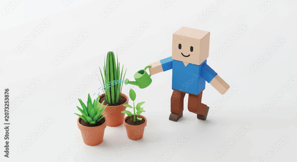 Obraz premium Lego style character watering small potted plants in a playful garden scene.