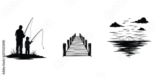 Father and son fishing together on grassy bank during sunset with pier and ocean scene vector silhouette
