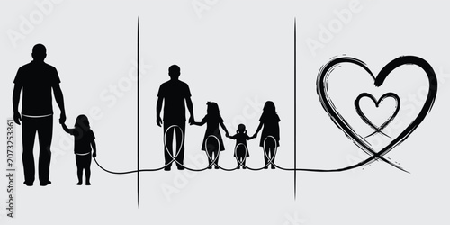 Father holding hands with daughters in a line with painted hearts in vector silhouette style

