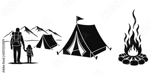 Father and child walking towards mountains with tents and campfire vector silhouette

