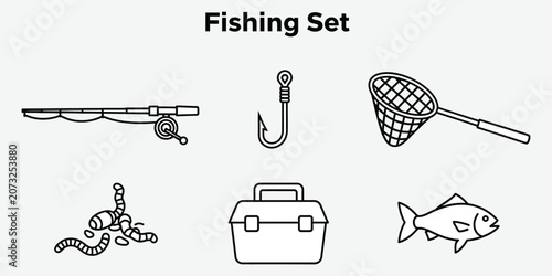 Fishing set with rod hook net tackle box worms and fish vector silhouette on white background
