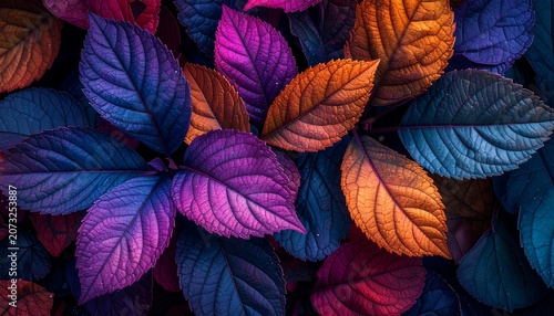 Vibrant colorful leaves in nature closeup.