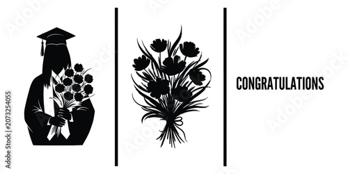 Graduation silhouette with flowers and congratulations text in vector style
