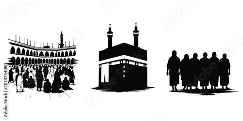 Islamic pilgrimage silhouettes in Kaaba and crowds during religious journey with clean space vector style