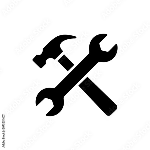Minimalist black silhouette hammer wrench crossed tools icon design for repair maintenance construction engineering technical support service vector illustration