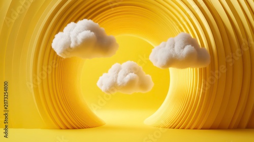 3D rendering of an abstract and geometric yellow background with three white cumulus clouds flying through a surreal portal