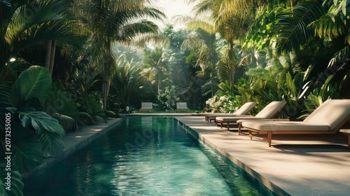 A serene poolside scene with loungers and lush tropical foliage.