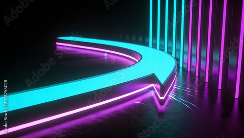 Glowing futuristic neon arrow pointing direction on dark reflective floor with light lines.