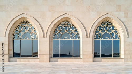 A photograph of three large arched windows on the side wall of an Arabic mosque