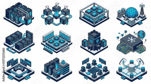 Isometric futuristic cityscape with digital architecture and technology.