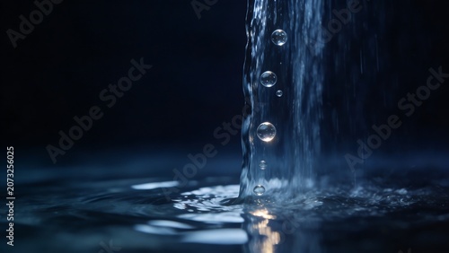 Macro view of dark waterfall with crystalline bubbles falling into rippling water at night.