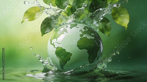 Vibrant earth globe with lush green leaves and water splashes, symbolizing environmental care.