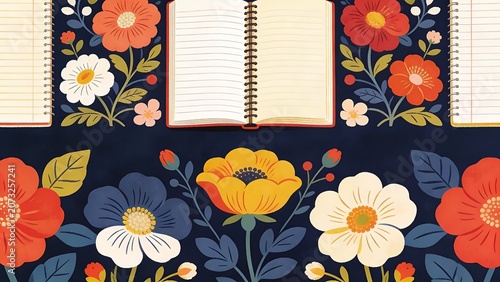 Vibrant floral pattern with open notebooks, ideal for creative and educational themes.