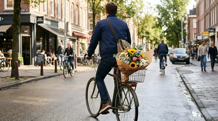 Rear view of man riding bicycle with bouquet of flowers in basket, urban street background, faceless composition, candid lifestyle photography, 
