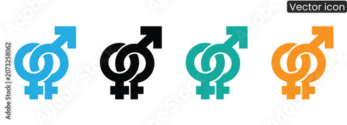 A set of four vector icons featuring combined male and female symbols in blue, black, green, and orange on a clean white background, ideal for representing gender equality and diversity