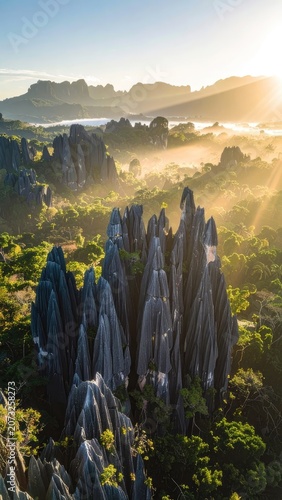 Sunlight filters through mist over jagged limestone peaks and lush green forests at sunrise.