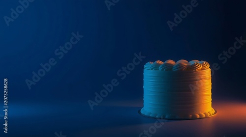 Elegant white frosted cake with textured layers on deep blue background with warm lighting.
