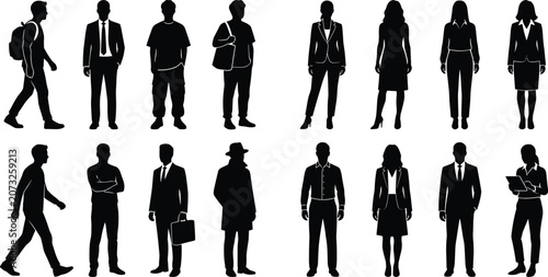 Fotografía Sixteen black silhouettes of people in business attire standing and sitting suit
