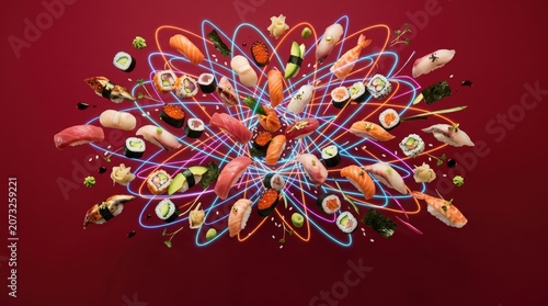 Colorful display of sushi varieties with vibrant neon effects against a red background