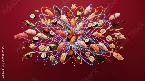 Colorful sushi platter with dynamic presentation and abstract background effects